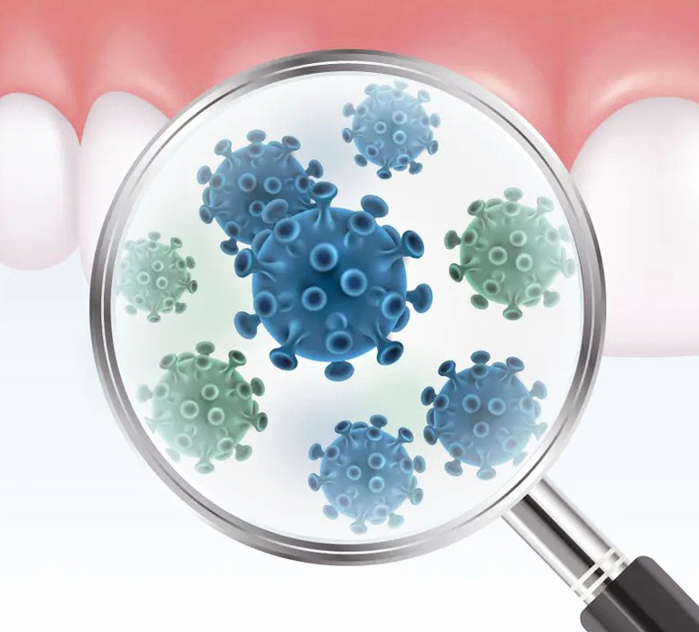 Magnifying glass revealing blue and green virus particles against pink medical background.